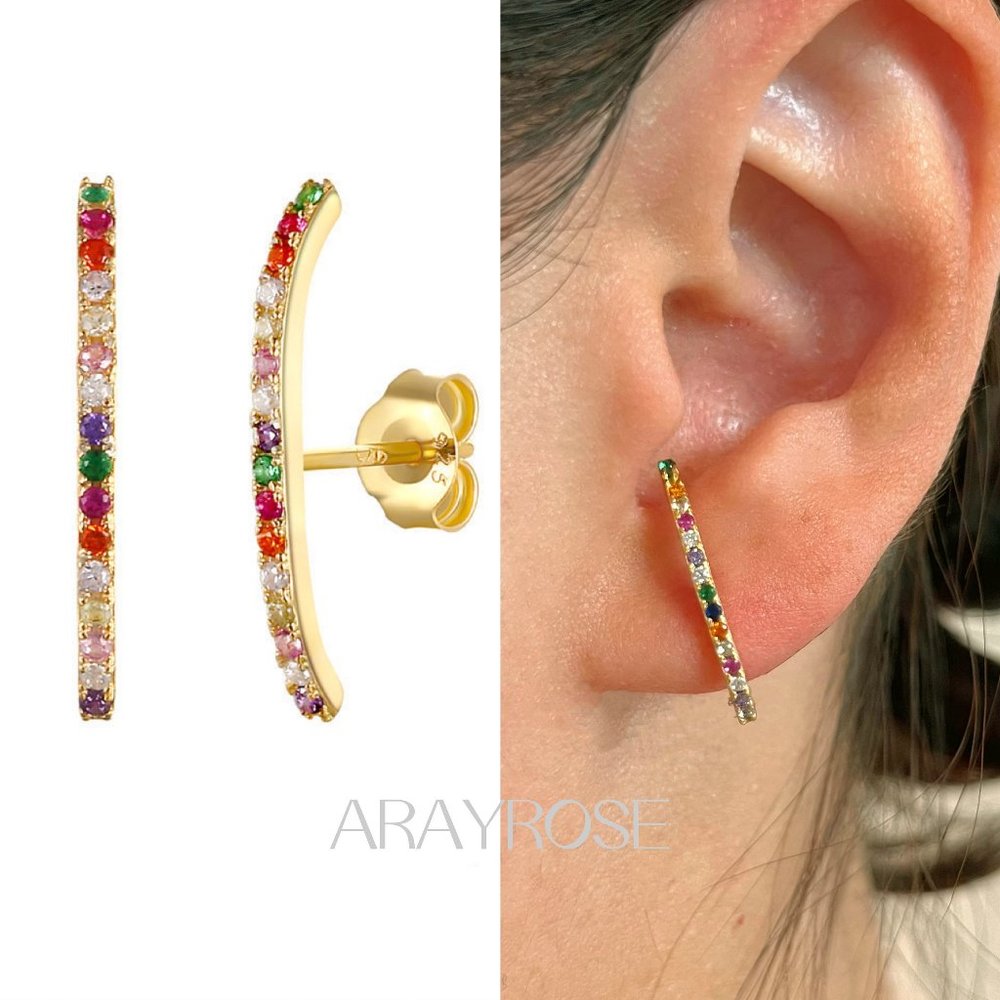 New Suspender Earrings, Rainbow stud lobe cuff, Gold Ear lobe cuff